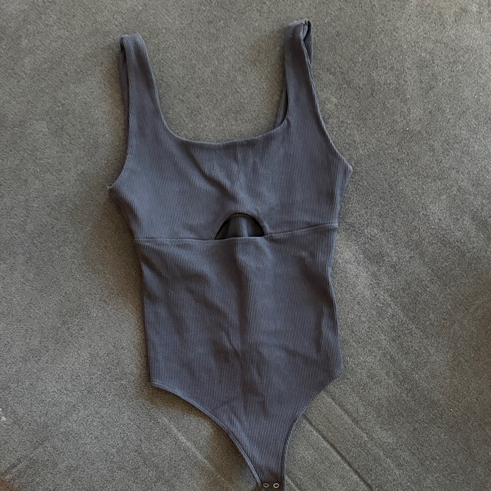 Abercrombie & Fitch Charcoal Ribbed Bodysuit with Front Cutout